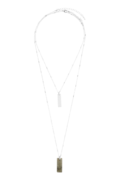 S17-10-4-MYN1338RGR-2 LAYERED BAR METAL STONE PENDANT NECKLACE-WHITE SILVER GREEN/6PCS (NOW $1.25 ONLY!)