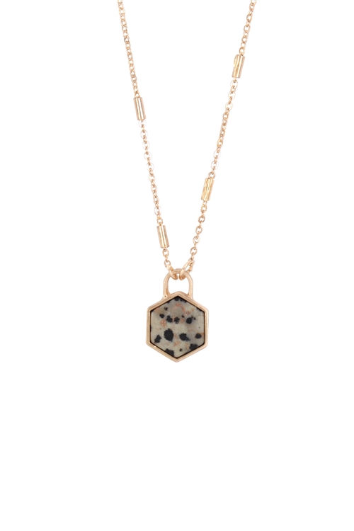 S17-2-2-MYN1356WGDAL-HEXAGON NATURAL STONE PENDANT NECKLACE-MATTE GOLD DALMATIAN/6PCS