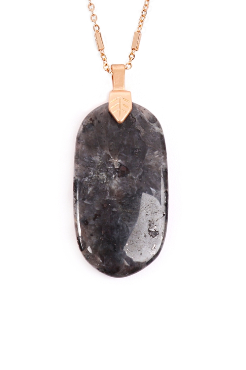 S29-2-4-MYN1395MGBK-FASTENED NATURAL OVAL STONE PENDANT NECKLACE-BLACK/6PCS