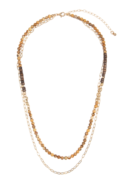 S20-9-5-MYN1511LCT - NATURAL STONE, CHAIN LAYERED LONG NECKLACE-LIGHT BROWN/6PCS (NOW $1.75 ONLY!)