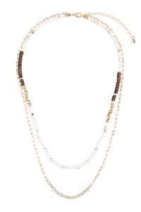 S20-9-5-MYN1511WT - NATURAL STONE, CHAIN LAYERED LONG NECKLACE-WHITE/6PCS (NOW $1.75 ONLY!)