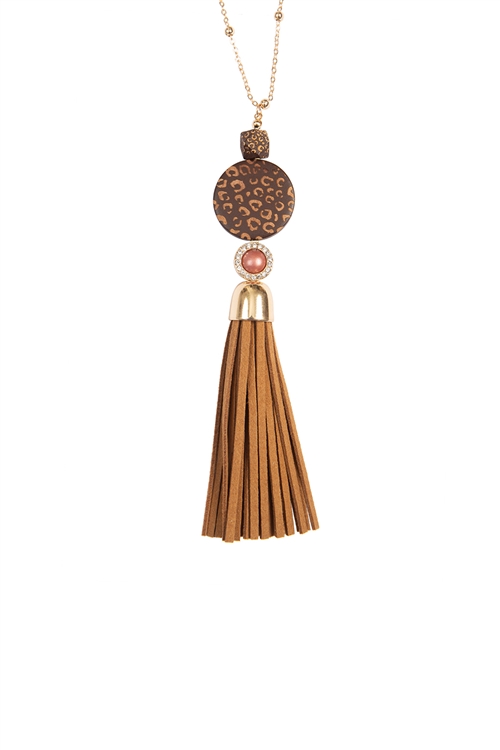 S19-11-4-MYN1513BR - WOOD LEOPARD PRINT TASSEL LEATHER LONG NECKLACE-BROWN/6PCS (NOW $2.50 ONLY!)