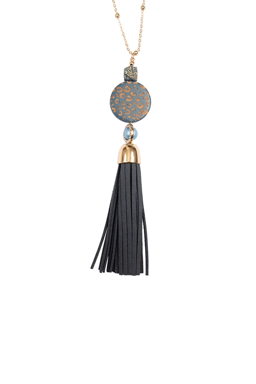 S19-11-4-MYN1513NV - WOOD LEOPARD PRINT TASSEL LEATHER LONG NECKLACE-NAVY/6PCS (NOW $2.50 ONLY!)