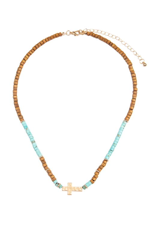 S21-2-4-MYN1514TQ - WOOD, NATURAL STONE , CROSS PENDANT NECKLACE-TURQUOISE/6PCS (NOW $1.50 ONLY!)