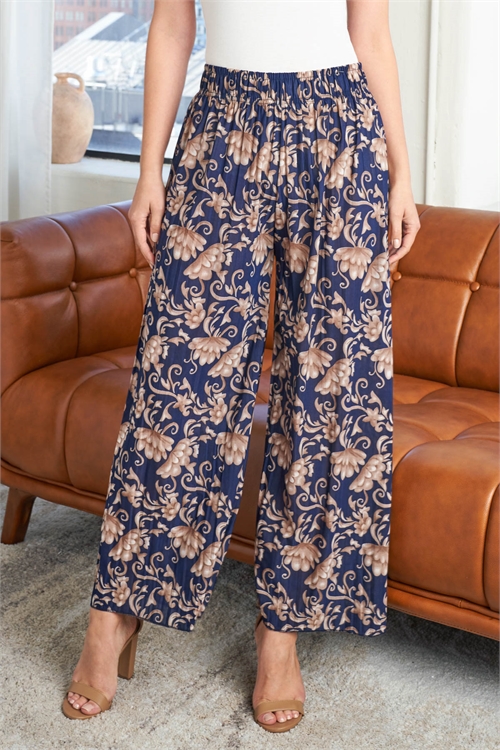 S21-1-2-MYT1494NV - FLORAL PRINT HIGH WAIST WIDE LEG TROUSERS PANTS - NAVY/6PCS