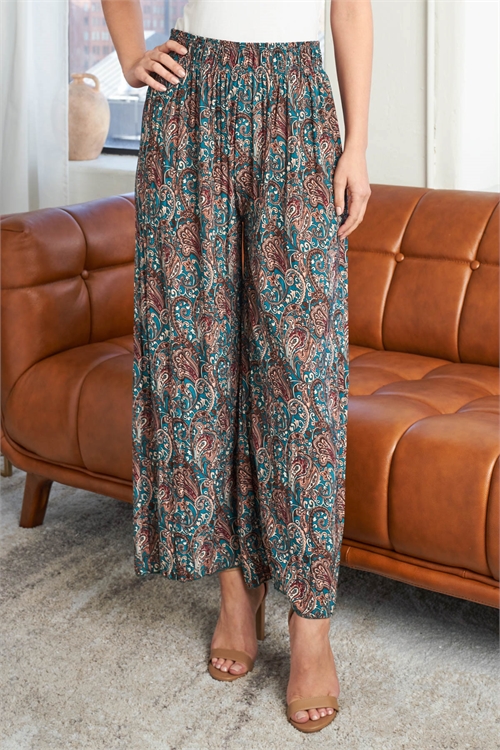 S20-4-1-MYT1495TQ - PAISLEY PRINT HIGH WAIST WIDE LEG TROUSERS PANTS - TURQUOISE/6PCS