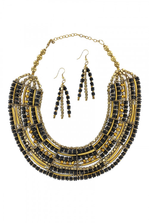 S1-3-1-LBN2001JT JET BLACK & GOLD BEADED NECKLACE WITH EARRINGS SET/3SETS