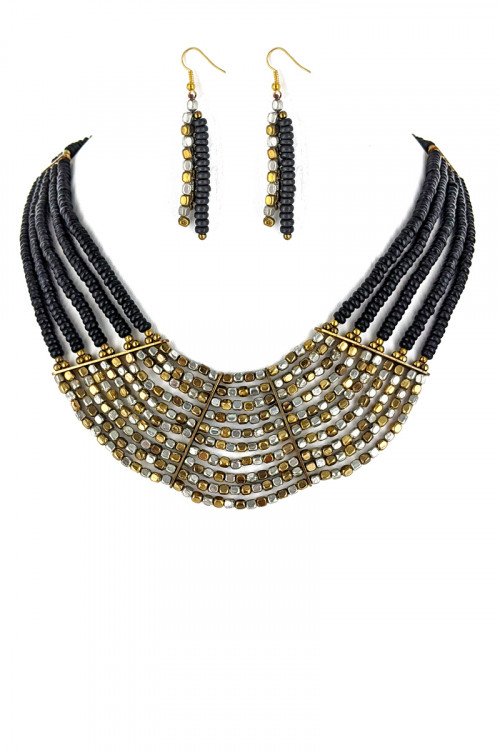 S1-2-1-LBN2002JT JET BLACK WORN GOLD AND BLACK BEADED NECKLACE AND EARRINGS SET/3SETS