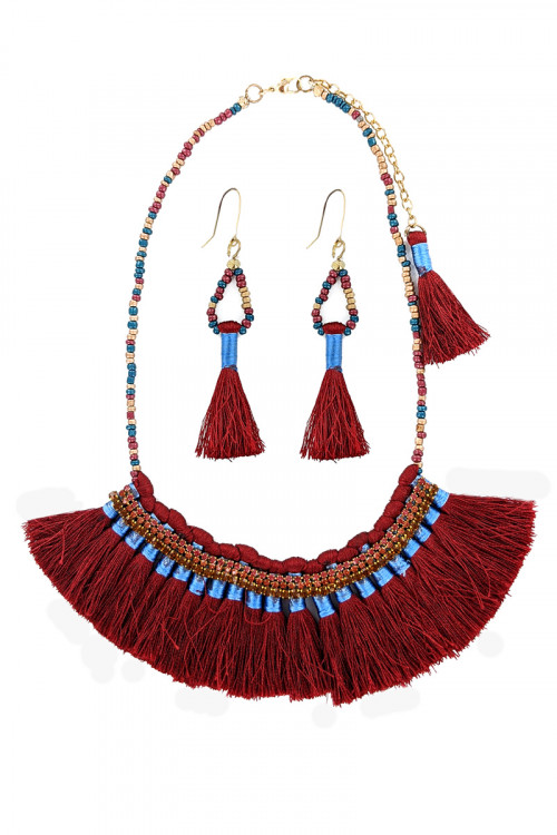 S1-5-2-LBN2008RD RED MULTI TASSEL, BEADED NECKLACE WITH MATCHING EARRINGS SET/3SETS