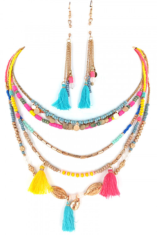 S1-4-3-LBN2009MU MULTI COLOR BEADED & TASSEL NECKLACE WITH MATCHING EARRINGS SET/3SETS