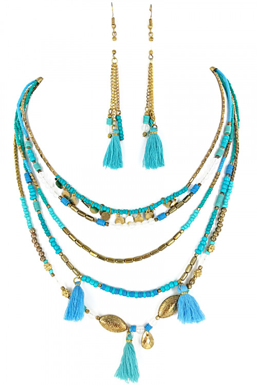 S1-4-3-LBN2009TQ TURQUOISE MULTI BEADED & TASSEL NECKLACE WITH MATCHING EARRINGS SET/3SETS