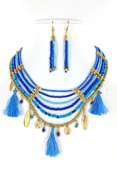 S1-7-2-LBN2010BL BLUE BEADED & TASSEL NECKLACE WITH MATCHING EARRINGS SET/3SETS