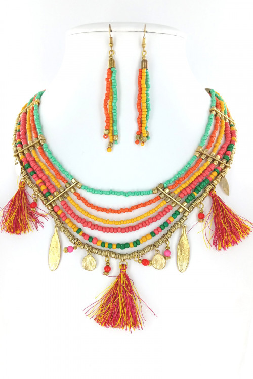 S1-7-2-LBN2010MU MULTI COLOR BEADED & TASSEL NECKLACE WITH MATCHING EARRINGS SET/3SETS