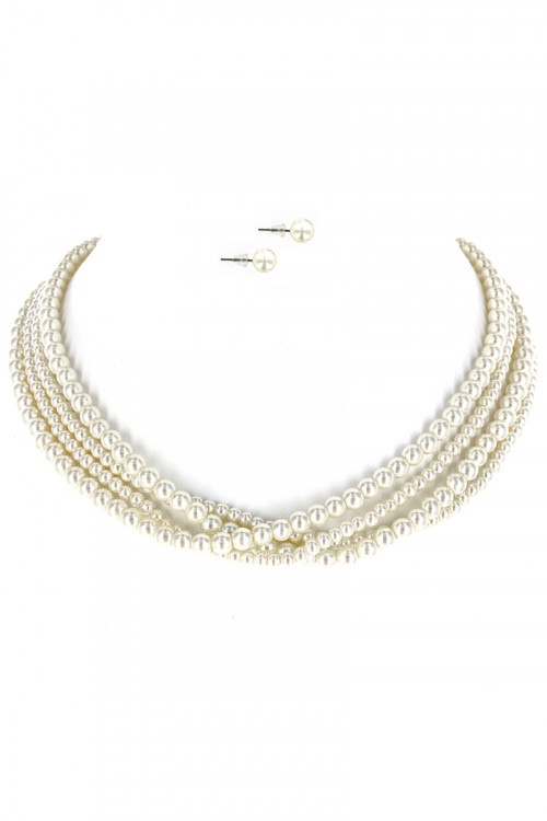 S1-2-1-LBN3525BE BEIGE MULTI STRAND PEARL NECKLACE & EARRING SET/3SETS