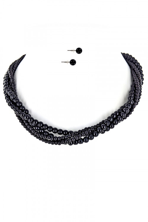 S1-2-1-LBN3525BK BLACK MULTI STRAND PEARL NECKLACE & EARRING SET/3SETS