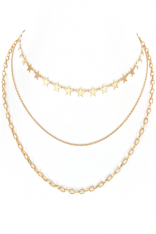 S1-2-3-LBN3534 GOLD TRIPPLE CHAIN WITH STARS NECKLACE/3PCS