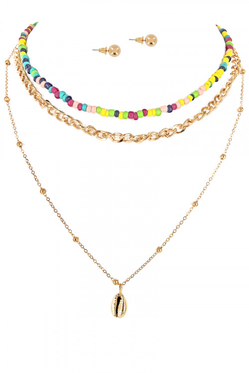 S1-2-3-LBN3536 GOLD SHELL NACKLACE WITH COLORFUL BEADS AND EARRINGS SET/3SETS
