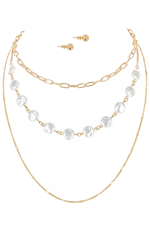 S1-5-4-LBN3537 GOLD CHAIN WITH PEARL SHELL NECKLACE AND EARRINGS SET/3SETS