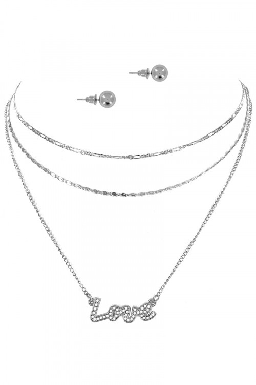 S1-7-3-LBN3545 SILVER TRIPLE CHAIN LOVE PENDANT & EARRINGS SET/3SETS