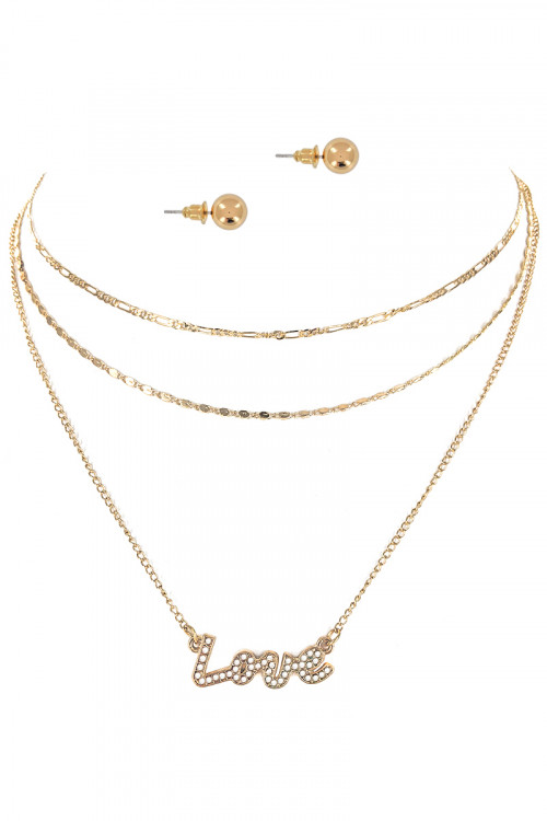 S1-7-3-LBN3545GD GOLD & MULTI COLOR LOVE PENDANT NECKLACE WITH GOLD STUD EARRINGS SET/3SETS