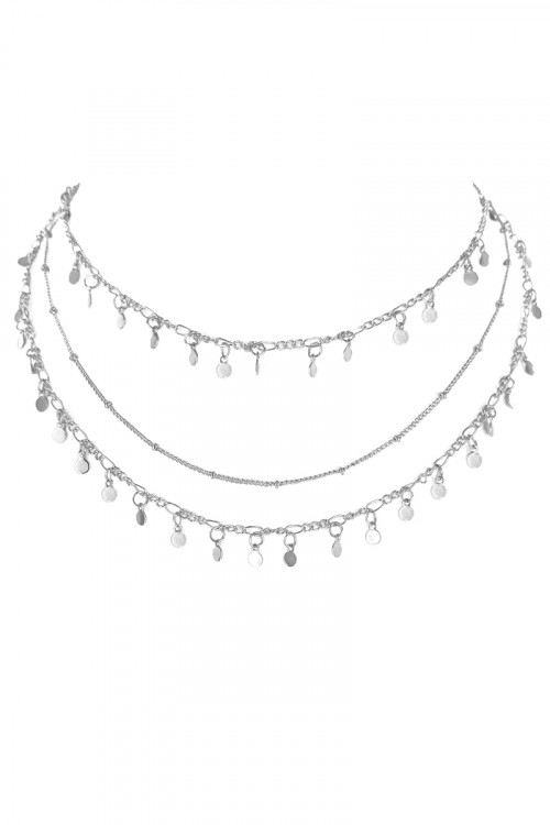 S1-3-2-LBN3548 SILVER TRIPPLE CHAIN WITH MULTIPLE CHARMS AND MATCHING STUD EARRINGS SET/3SETS