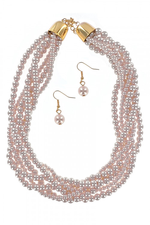 S1-6-4-LBN3550PK PINK MULTI TWIST PEARL NECKLACE & EARRINGS SET/3SETS