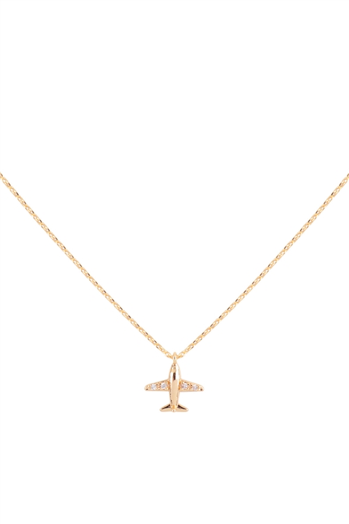 A3-1-3-N5287GCR - DAINTY CUBIC ZIRCONIA AIRPLANE PENDANT BRASS NECKLACE - GOLD CRYSTAL/6PCS