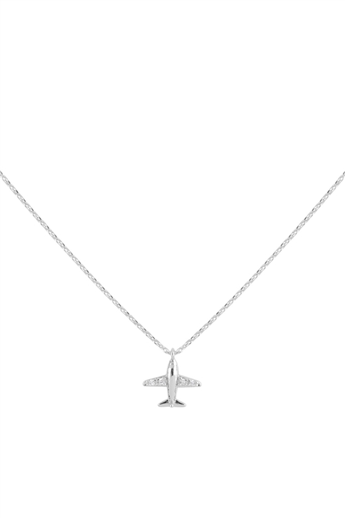 A3-1-3-N5287RCR - DAINTY CUBIC ZIRCONIA AIRPLANE PENDANT BRASS NECKLACE - SILVER CRYSTAL/6PCS