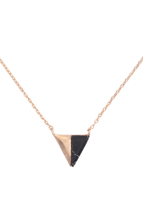 S6-6-2-N6081WGD-BK - GEOMETRIC  TRIANGLE SEMI STONE PENDANT BRASS NECKLACE-MATTE GOLD BLACK/6PCS