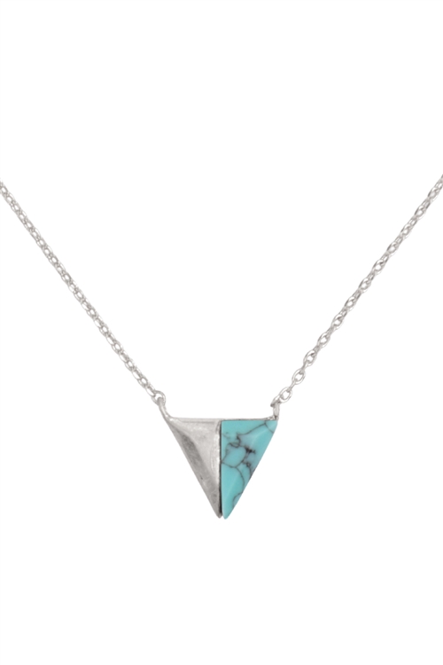 S6-6-2-N6081WSV-TQS - GEOMETRIC  TRIANGLE SEMI STONE PENDANT BRASS NECKLACE-MATTE SILVER TURQUOISE/6PCS