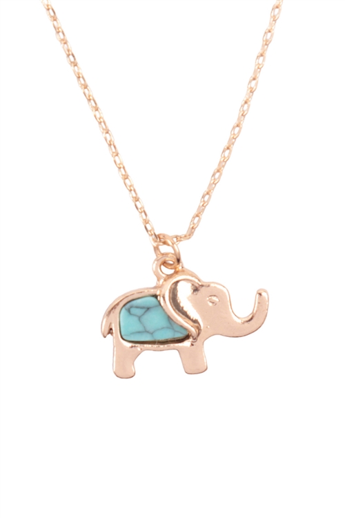 S6-6-2-N6104GD-TQS -  SEMI STONE ELEPHANT  CHARM PENDANT NECKLACE-GOLD TURQUOISE/1PC (NOW $1.25 ONLY!)