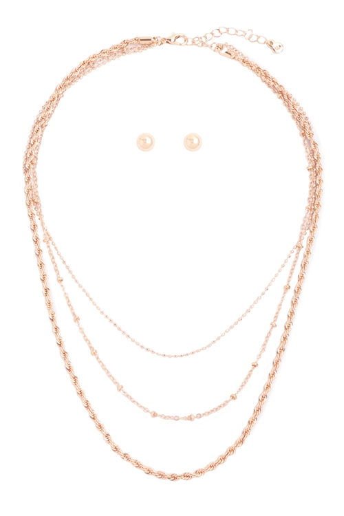 SA3-2-5-N6192GD - BALL, ROPE CHAIN MULTI LAYERED NECKLACE AND EARRING SET- GOLD/6PCS