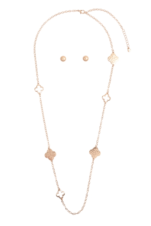 SA4-2-4-N6210WG - 3 IN 1 CLOVER PATTERN LONG NECKLACE AND EARRINGS SET-GOLD/1PC (NOW $3.50 ONLY!)