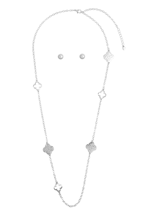 SA4-2-4-N6210WS - 3 IN 1 CLOVER PATTERN LONG NECKLACE AND EARRINGS SET-SILVER/1PC (NOW $3.50 ONLY!)