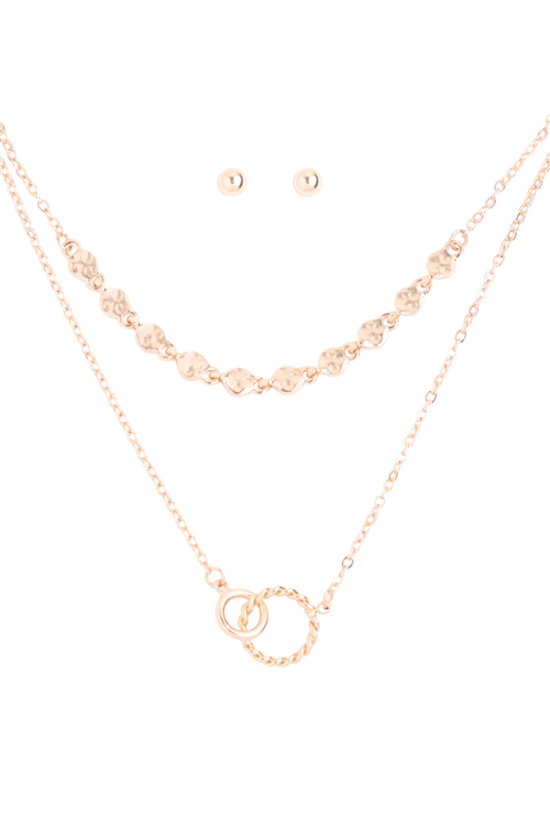 A3-1-2-N6219GD - DOUBLE RING TWISTED PENDANT MULTI CHAIN LAYERED BRASS NECKLACE AND EARRING SET - GOLD/1PC