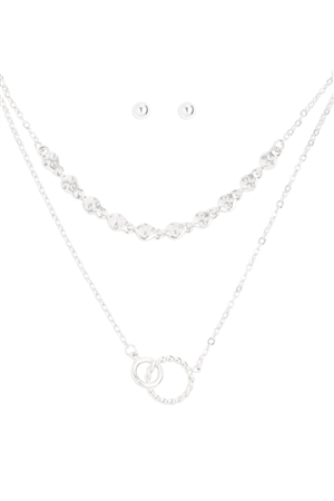 A2-4-2-N6219RD - DOUBLE RING TWISTED PENDANT MULTI CHAIN LAYERED BRASS NECKLACE AND EARRING SET - SILVER/1PC