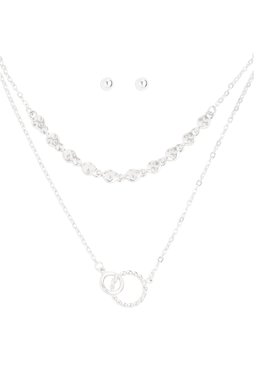 A3-1-2-N6219RD - DOUBLE RING TWISTED PENDANT MULTI CHAIN LAYERED BRASS NECKLACE AND EARRING SET - SILVER/1PC