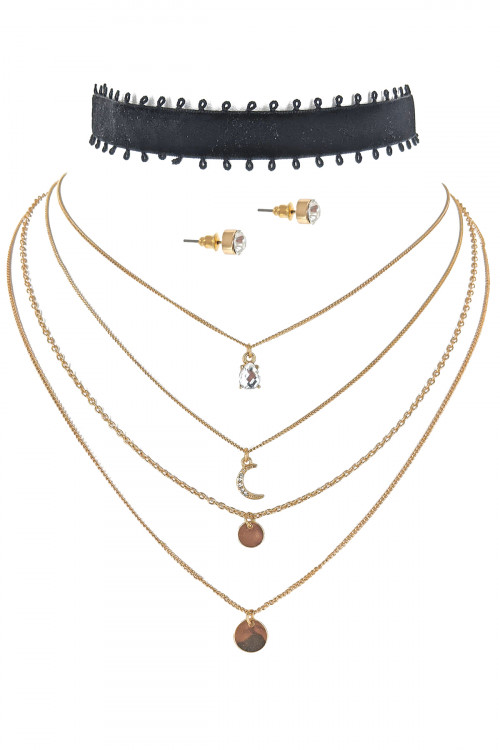 S1-7-3-LBN7928GD GOLD CHOCKER AND MULTI CHAIN NECKLACE WITH STUD EARRINGS SET/3SETS