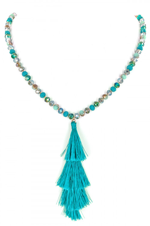 S1-1-2-LBN8102TQ CRYSTAL BEADED TASSEL NECKLACE & EARRING SET/3SETS