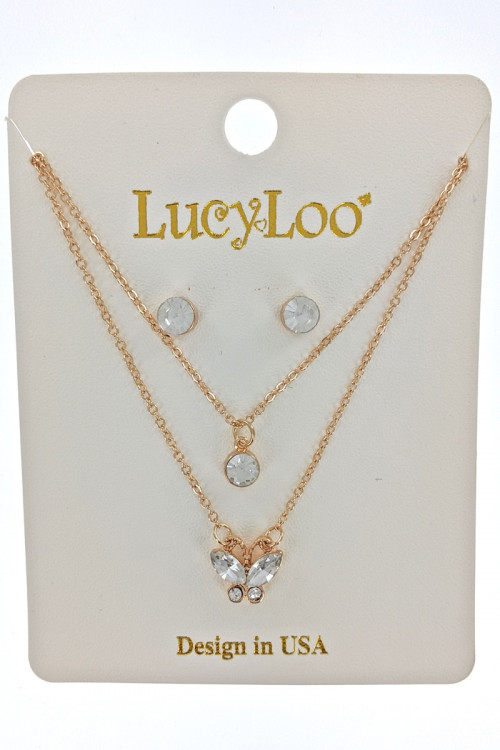 S1-6-2-LBN8156GD GOLD DUAL CHAIN FASHION RHINESTONE NECKLACE AND STUD SET/3SETS