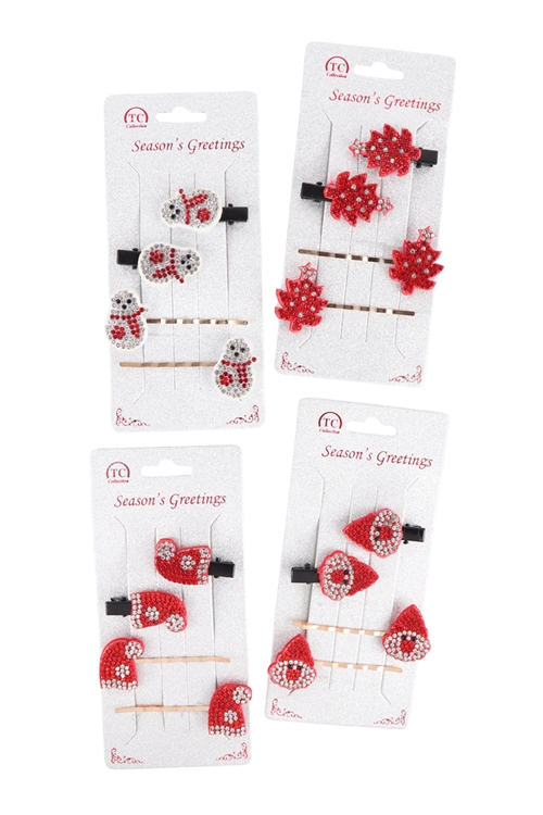 S23-4-4-NHP7692 - CHRISTMAS WINTER SET OF 4 ASSORTED HAIR PIN HAIR ACCESSORIES/12PCS