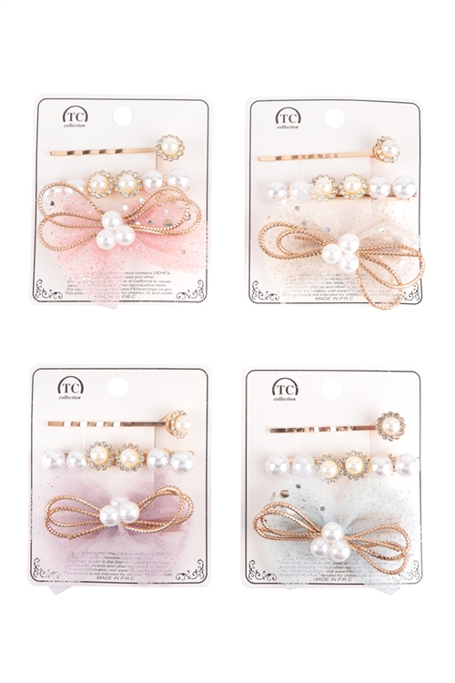 S23-11-1-NHP7710 - PEARL W/ BOW HAIR PIN ASSORTED SET HAIR ACCESSORIES/12PCS