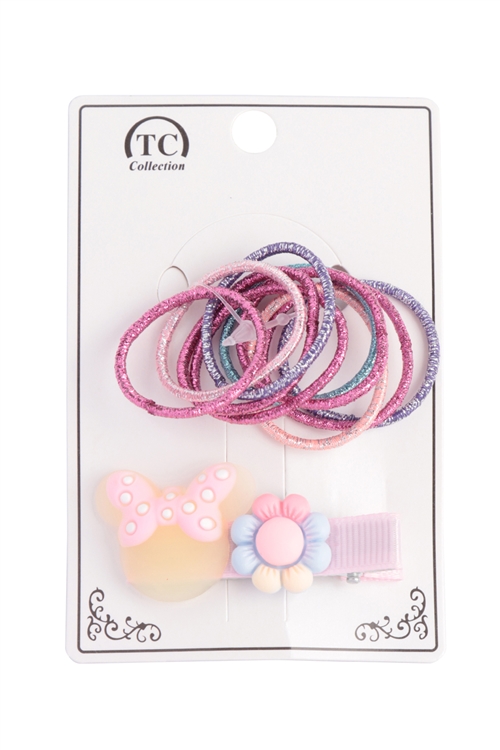 S18-9-5-NHS1698 - GLITTER O RING WITH FLOWER BOW HAIR CLIP ASSORTED SET- MULTICOLOR/12PCS