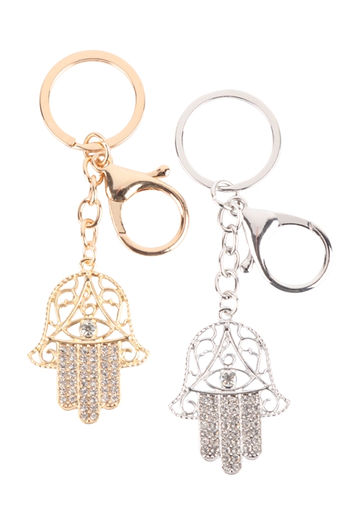 S23-4-1-NKC2249 - HAMSA HAND EVIL EYE FILIGREE CHARM KEYCHAIN-GOLD SILVER/12PCS