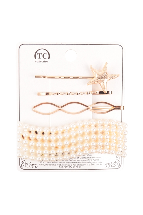 S22-11-2-NNHP7740 - WAVE PEARL CLIP, STAR  BOBBY PIN ASSORTED SET HAIR ACCESSORIES-GOLD/12PCS