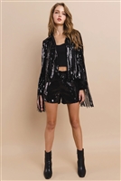 NY-18106D-BK - WESTERN SEQUIN COLLAR FRINGED LONG SLEEVES JACKET- BLACK 1-1-1