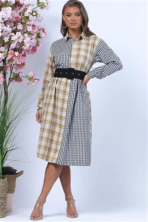 NY-81007-BKBWN - PLAID PRINT COLLAR LONG SLEEVES CASUAL DRESS- BLACK-BROWN 2-2-2