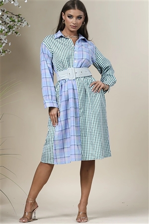 NY-81007-GNBL - PLAID PRINT COLLAR LONG SLEEVES CASUAL DRESS- GREEN BLUE 2-2-2