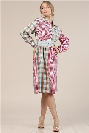NY-81007-RDGN - PLAID PRINT COLLAR LONG SLEEVES CASUAL DRESS- RED-GREEN 2-2-2