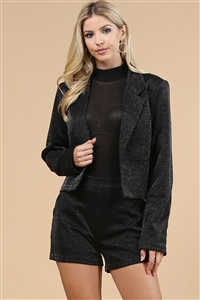 NY-81140J-BK - SEQUIN FABRIC LAPEL COLLAR CROP BLAZER- BLACK 1-1-1